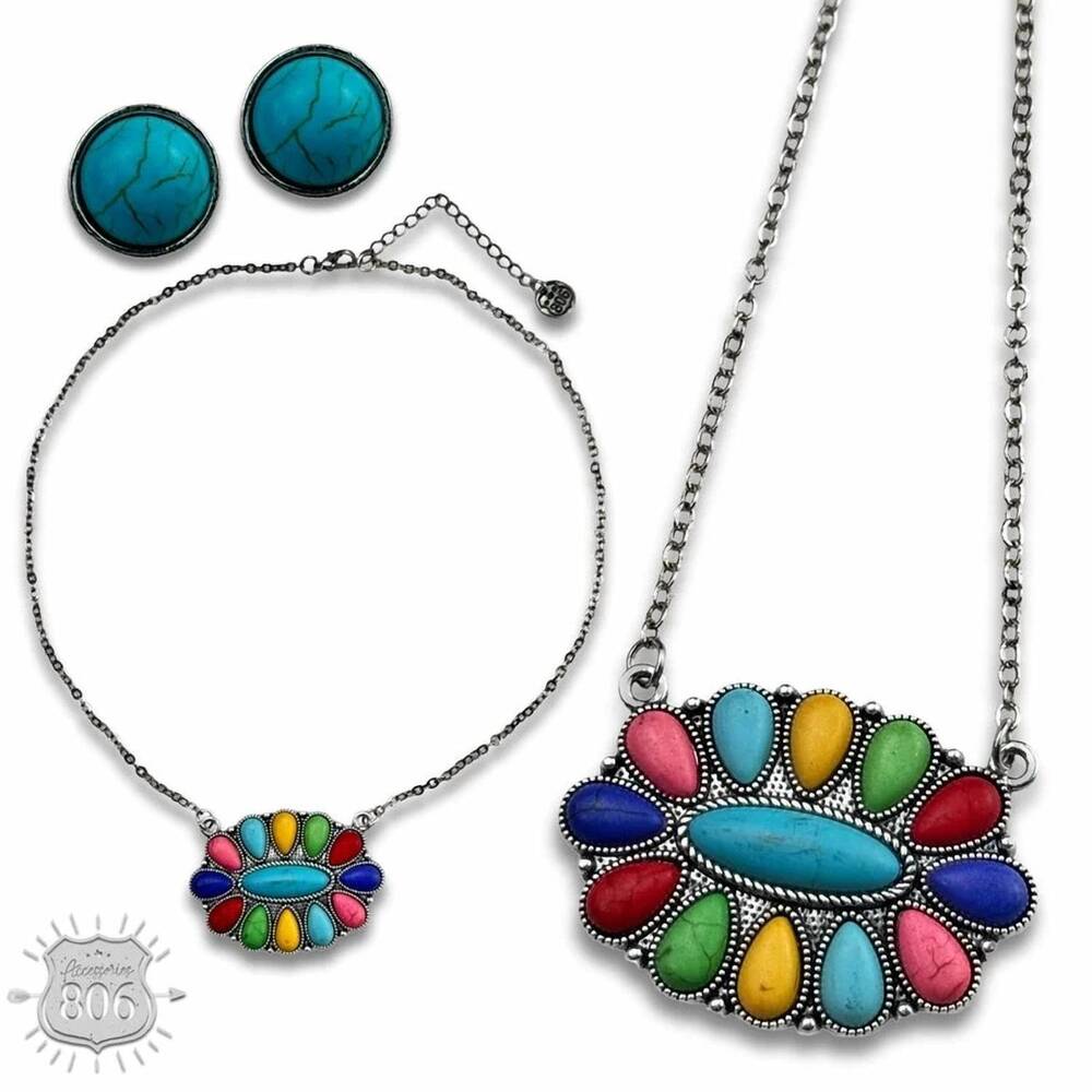 NEW PINK PANACHE women's stone necklace & earring set in multicolor flower